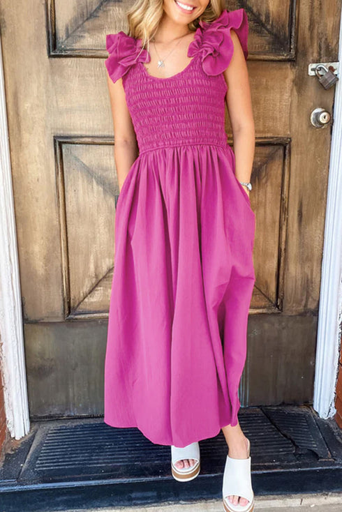 Ruffle Sleeve Smocked Bodice Woven Maxi Dress