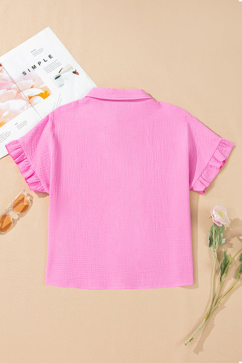 Ruffle Sleeve Textured Gauze Button Down Shirt