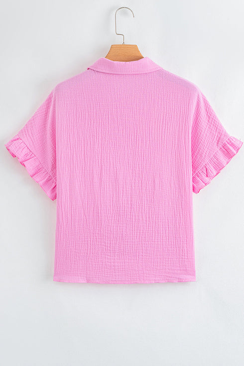 Ruffle Sleeve Textured Gauze Button Down Shirt