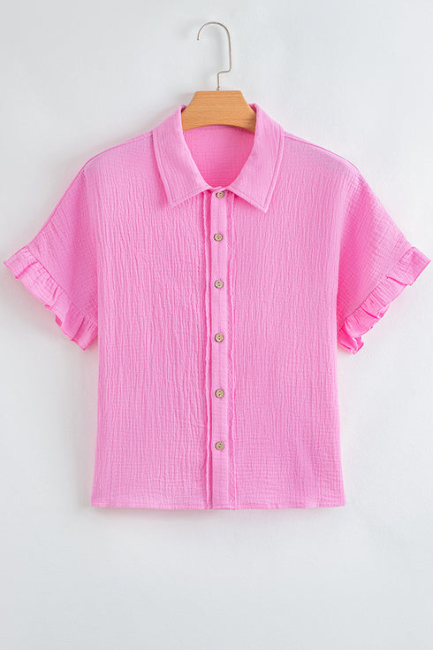 Ruffle Sleeve Textured Gauze Button Down Shirt