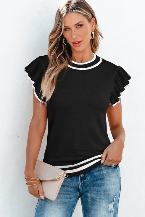 Ruffle Sleeve Tipped Crew Neck Knit Top