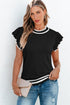 Ruffle Sleeve Tipped Crew Neck Knit Top