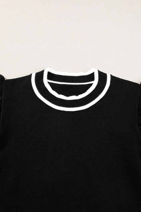 Ruffle Sleeve Tipped Crew Neck Knit Top