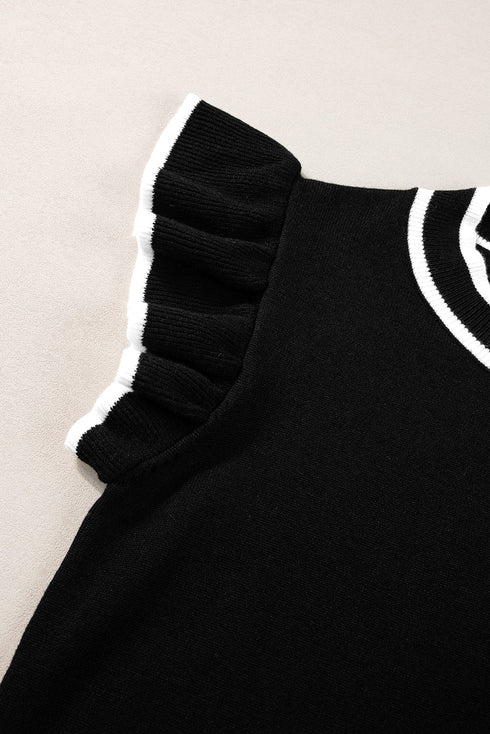 Ruffle Sleeve Tipped Crew Neck Knit Top