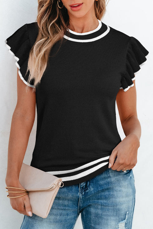 Ruffle Sleeve Tipped Crew Neck Knit Top