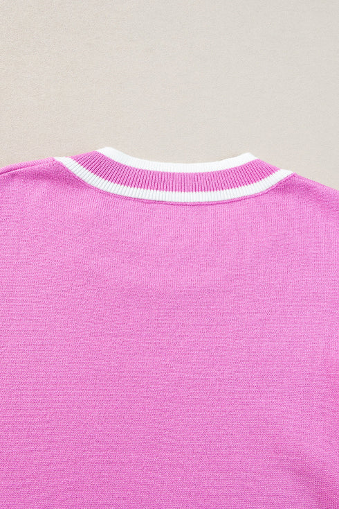 Ruffle Sleeve Tipped Crew Neck Knit Top