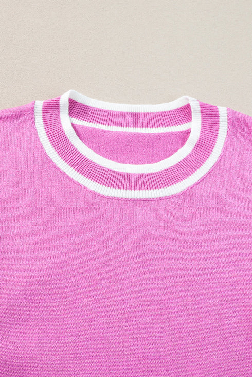 Ruffle Sleeve Tipped Crew Neck Knit Top