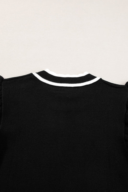 Ruffle Sleeve Tipped Crew Neck Knit Top