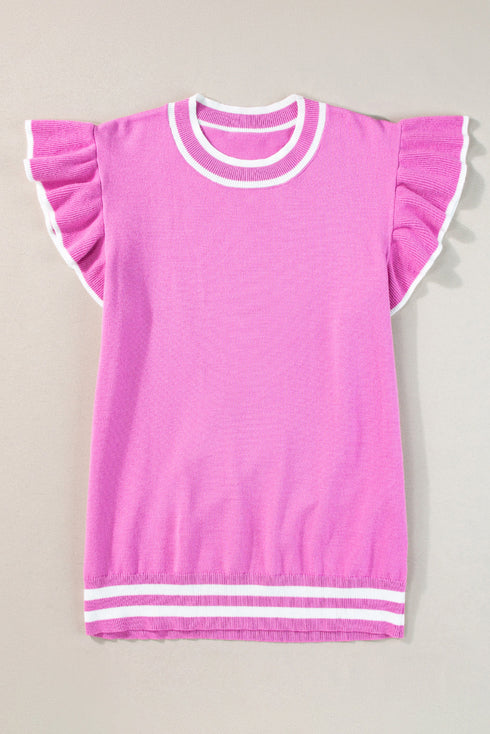 Ruffle Sleeve Tipped Crew Neck Knit Top