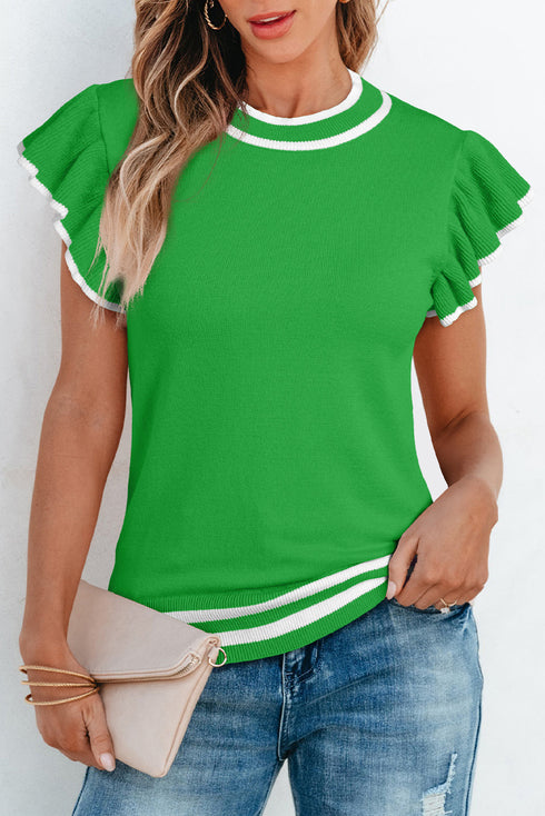 Ruffle Sleeve Tipped Crew Neck Knit Top