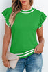 Ruffle Sleeve Tipped Crew Neck Knit Top