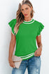 Ruffle Sleeve Tipped Crew Neck Knit Top