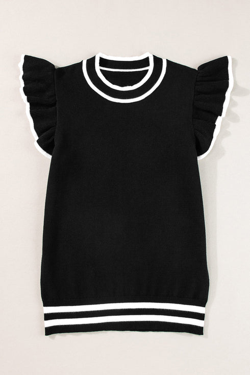 Ruffle Sleeve Tipped Crew Neck Knit Top