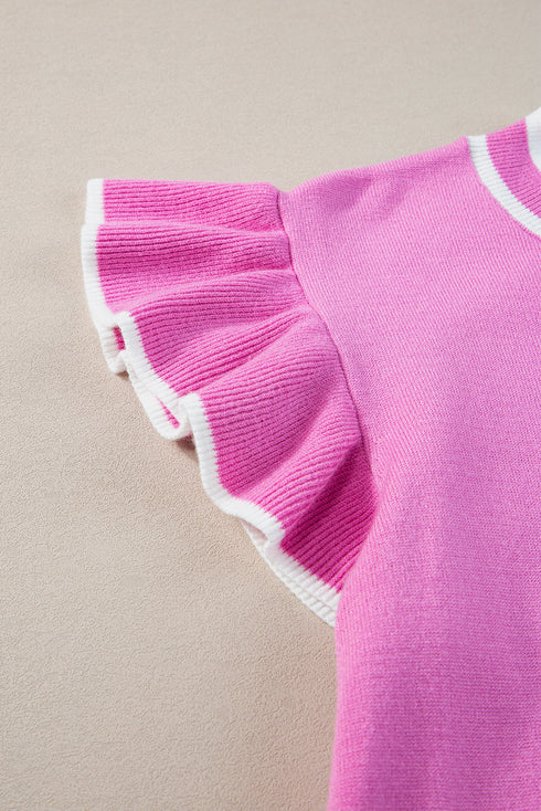 Ruffle Sleeve Tipped Crew Neck Knit Top