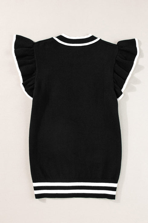 Ruffle Sleeve Tipped Crew Neck Knit Top