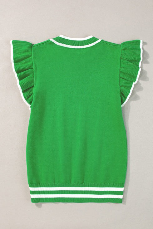 Ruffle Sleeve Tipped Crew Neck Knit Top