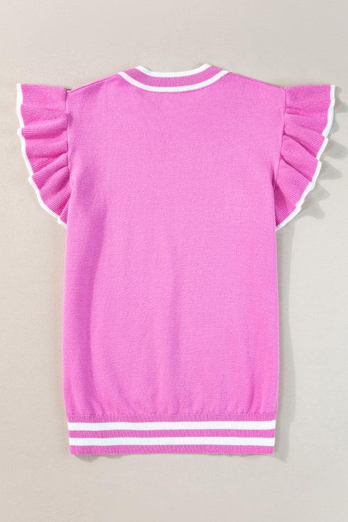 Ruffle Sleeve Tipped Crew Neck Knit Top