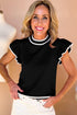 Ruffle Sleeve Tipped Crew Neck Knit Top