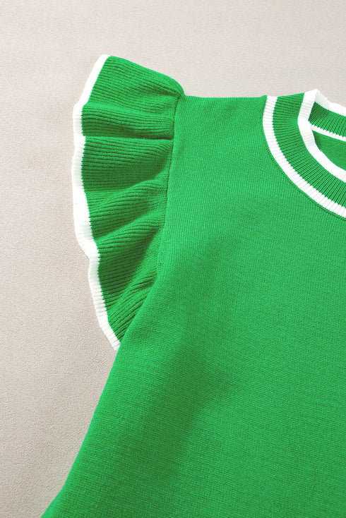 Ruffle Sleeve Tipped Crew Neck Knit Top