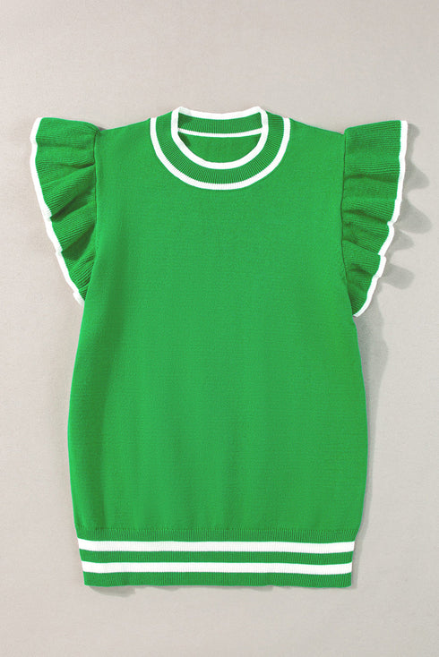 Ruffle Sleeve Tipped Crew Neck Knit Top