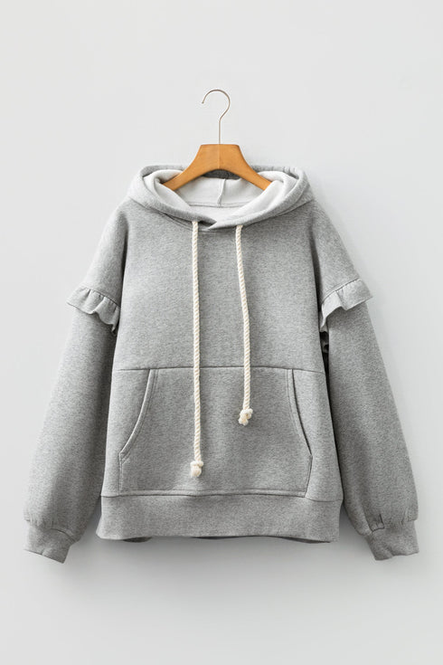 Ruffle Sleeve Twisted Rope Drawstring Pullover Hoodie