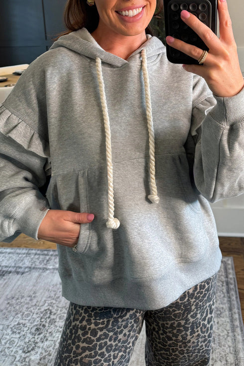 Ruffle Sleeve Twisted Rope Drawstring Pullover Hoodie