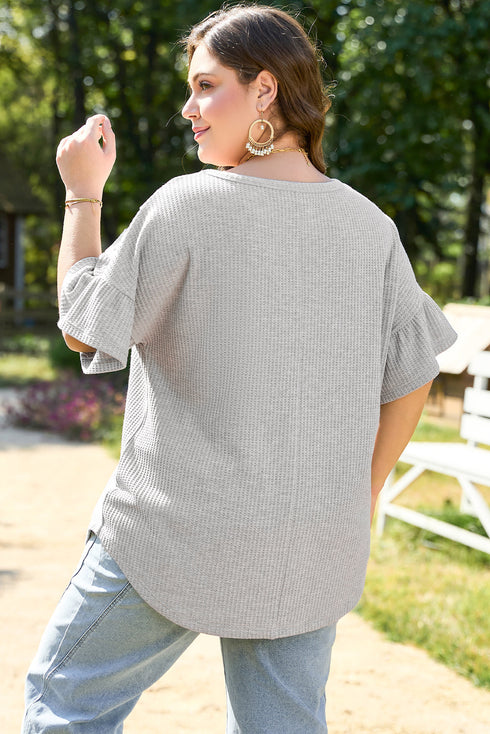 Ruffle Sleeve Waffle Knit Lace Insert Plus Size Top