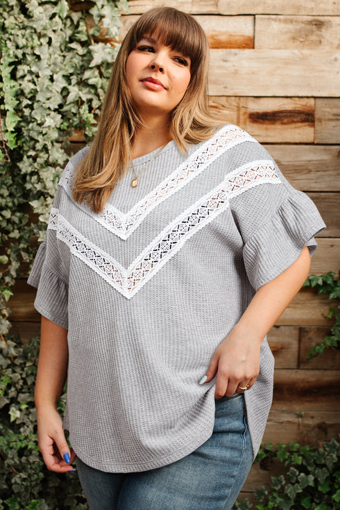Ruffle Sleeve Waffle Knit Lace Insert Plus Size Top