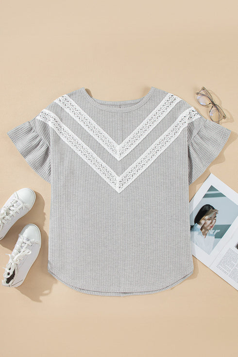 Ruffle Sleeve Waffle Knit Lace Insert Plus Size Top