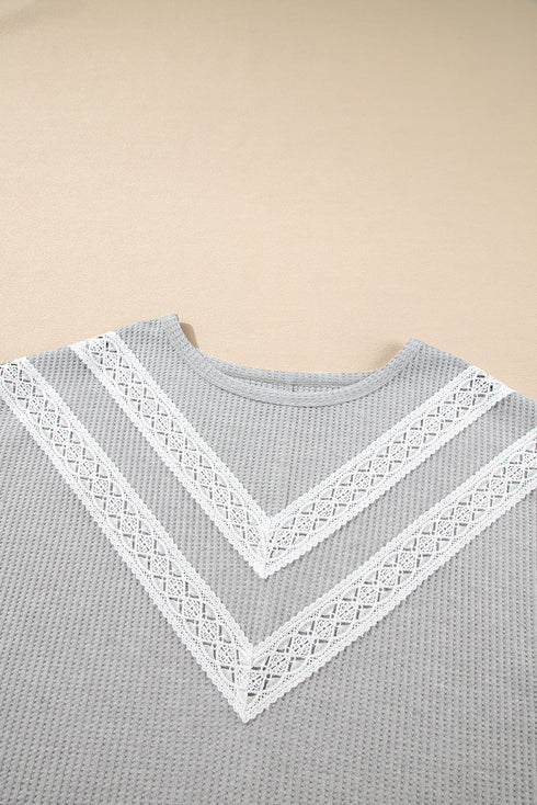 Ruffle Sleeve Waffle Knit Lace Insert Plus Size Top