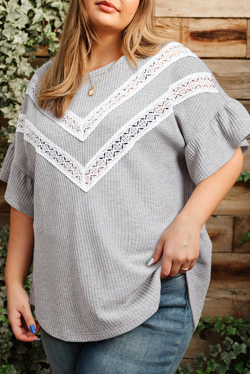 Ruffle Sleeve Waffle Knit Lace Insert Plus Size Top