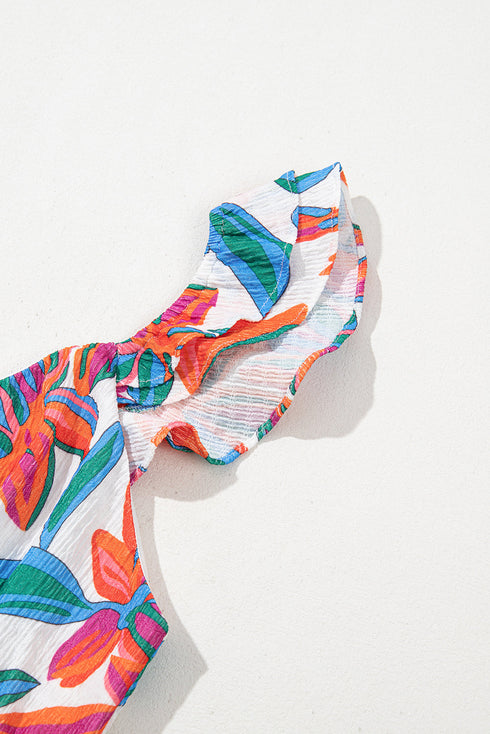 Ruffle Strap Tropical Print Tiered Maxi Dress