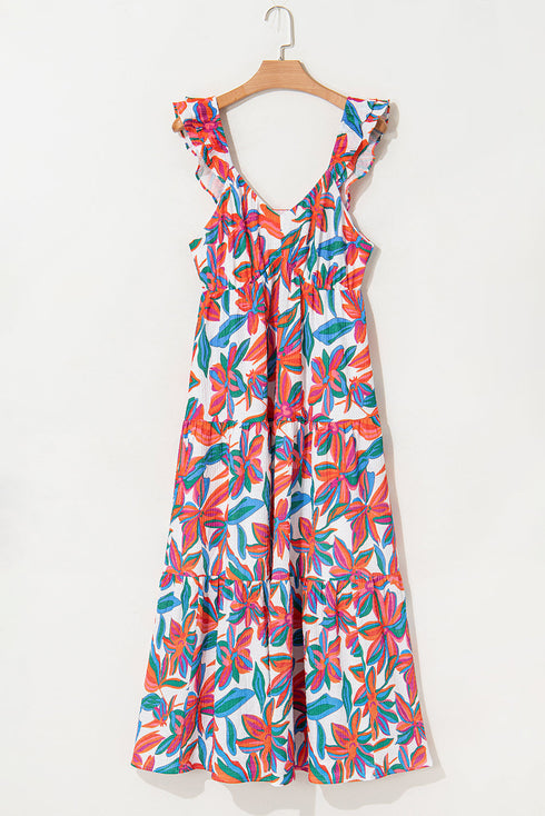 Ruffle Strap Tropical Print Tiered Maxi Dress
