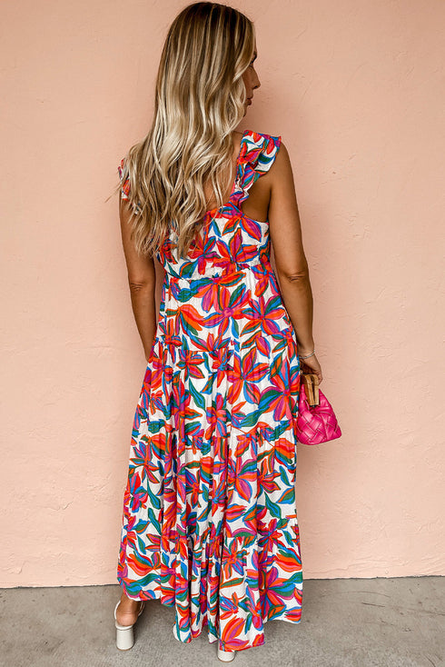Ruffle Strap Tropical Print Tiered Maxi Dress