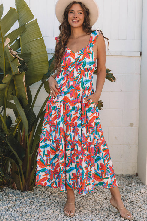 Ruffle Strap Tropical Print Tiered Maxi Dress