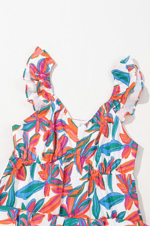Ruffle Strap Tropical Print Tiered Maxi Dress