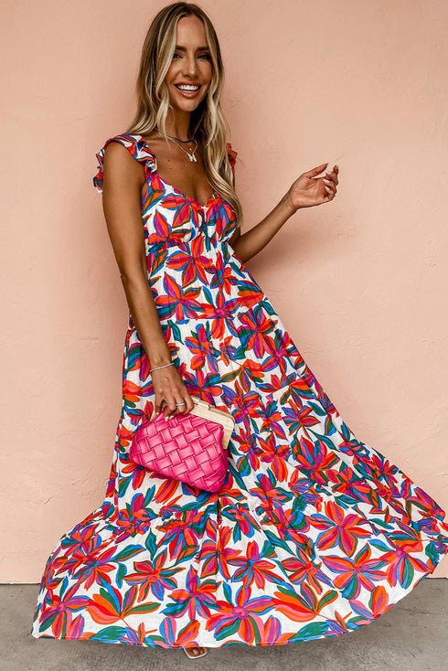 Ruffle Strap Tropical Print Tiered Maxi Dress