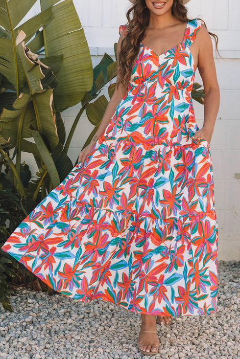 Ruffle Strap Tropical Print Tiered Maxi Dress