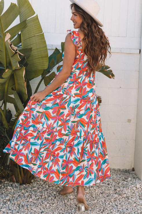 Ruffle Strap Tropical Print Tiered Maxi Dress