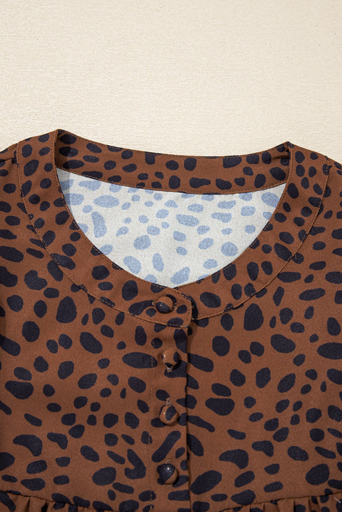 Ruffle Trim Button Front Animal Print Blouse
