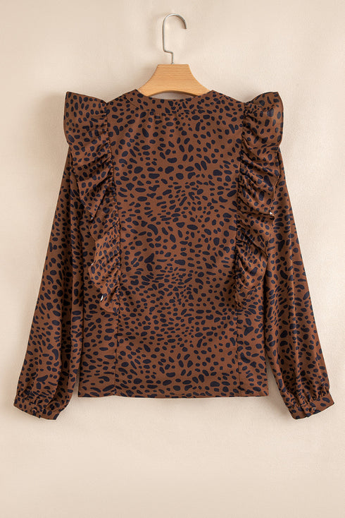 Ruffle Trim Button Front Animal Print Blouse