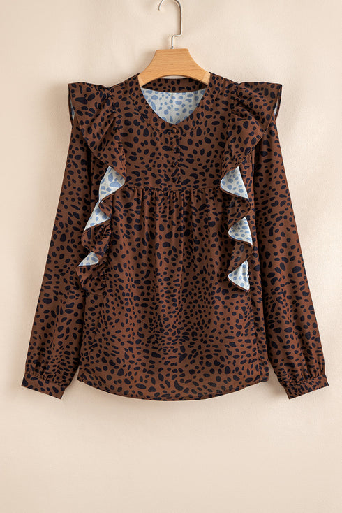 Ruffle Trim Button Front Animal Print Blouse