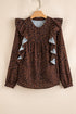 Ruffle Trim Button Front Animal Print Blouse