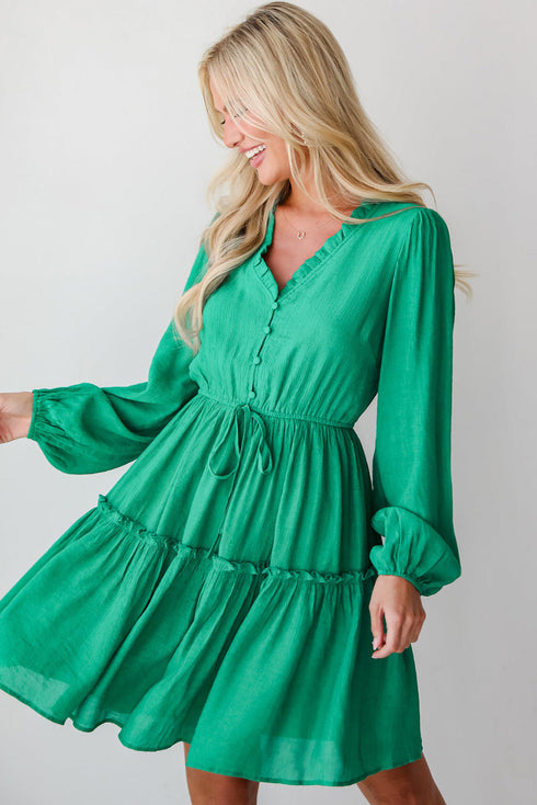 Ruffle Trim Button Front Drawstring Waist Tiered Mini Dress