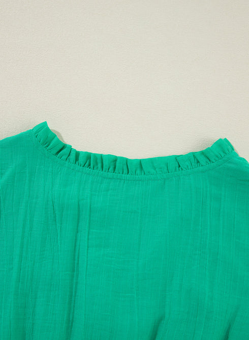 Ruffle Trim Button Front Drawstring Waist Tiered Mini Dress