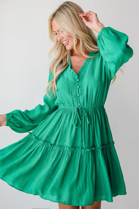Ruffle Trim Button Front Drawstring Waist Tiered Mini Dress