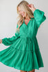 Ruffle Trim Button Front Drawstring Waist Tiered Mini Dress