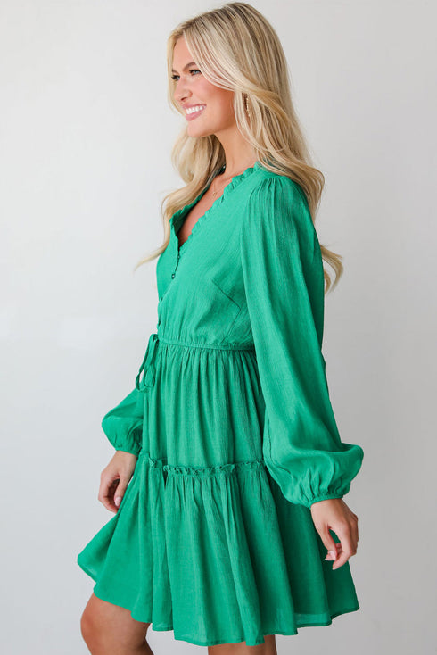 Ruffle Trim Button Front Drawstring Waist Tiered Mini Dress