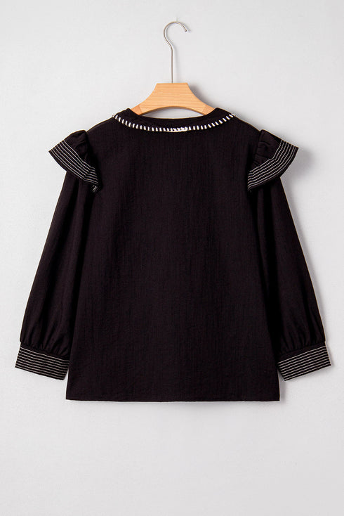 Ruffle Trim Long Sleeve Stitch Detail V Neck Blouse