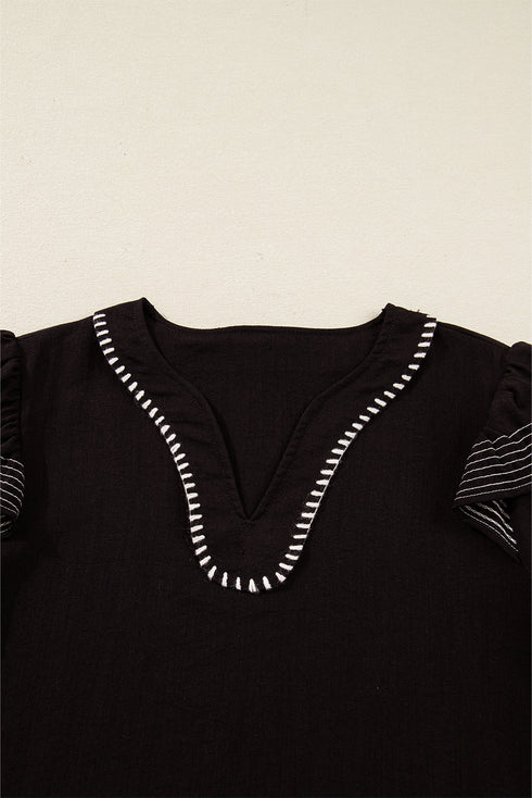 Ruffle Trim Long Sleeve Stitch Detail V Neck Blouse